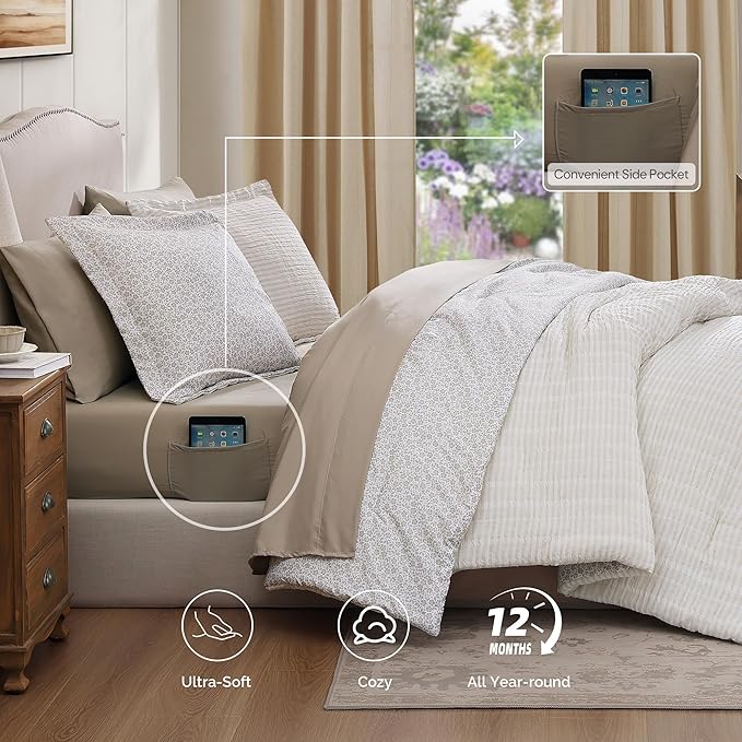 Full Comforter Set - 7 Pieces Beige Gauze Muslin Bedding Sets for All Seasons, Lightweight Breathable Bed in a Bag Full with Revesible Farmhouse Comforter, Sheets, Pillowcases & Shams