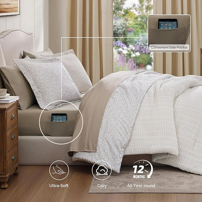 Full Comforter Set - 7 Pieces Beige Gauze Muslin Bedding Sets for All Seasons, Lightweight Breathable Bed in a Bag Full with Revesible Farmhouse Comforter, Sheets, Pillowcases & Shams