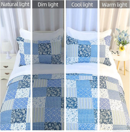 Cmfshape Summer Floral King Quilted Bedspread,Romantic Pink Quilt Set,Reversible Stitched Bedding Cover All Season,Soft Lightweight Coverlet with Pillow Cases (Blue&White, King(102"x90"))