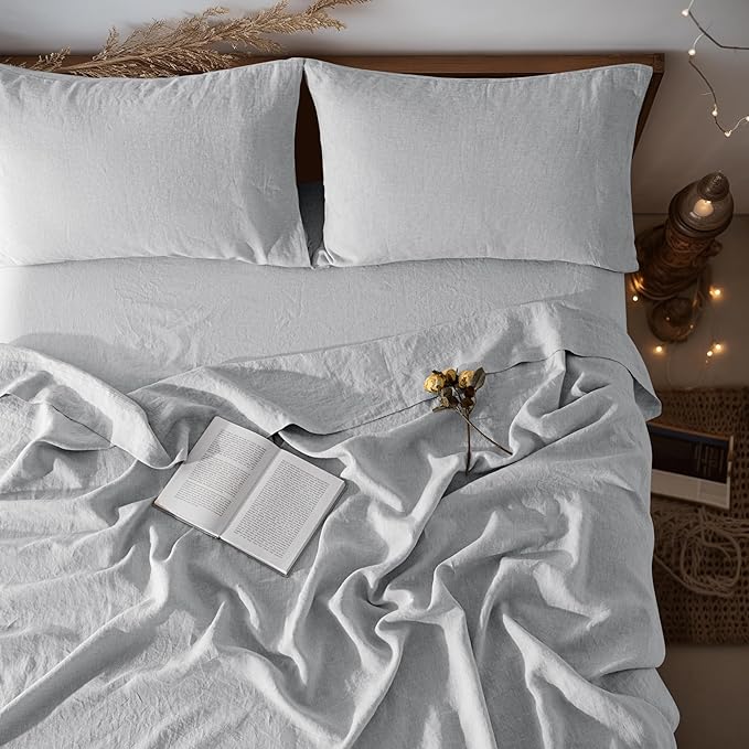 LBRO2M 100% Pure Linen Sheet Set Deep Pocket Up to 16" Bed Sheets Sets, Natural Flax Beddings Soft, Breathable, Comfortable for All Seasons 4 Pcs Sheet Set California King Size, Grey