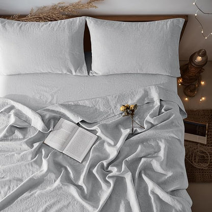 LBRO2M 100% Pure Linen Sheet Set Deep Pocket Up to 16" Bed Sheets Sets, Natural Flax Beddings Soft, Breathable, Comfortable for All Seasons 4 Pcs Sheet Set California King Size, Grey