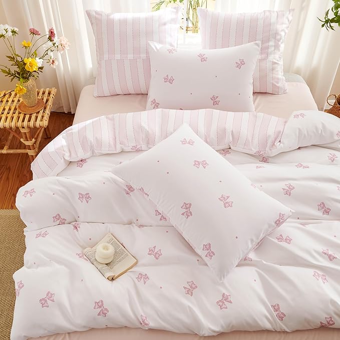 White Twin Comforter Set - Pink Bow Quilt Bedding Set 2 Pieces, Stripes Comforter Set Twin Size, Soft & Lightweight Comforter(68‘’ x 90‘’) for Girl All Season & 1 Pillowcase(30‘’x20‘’)