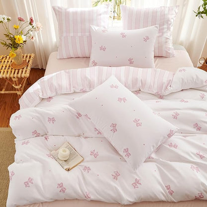 White Twin Comforter Set - Pink Bow Quilt Bedding Set 2 Pieces, Stripes Comforter Set Twin Size, Soft & Lightweight Comforter(68‘’ x 90‘’) for Girl All Season & 1 Pillowcase(30‘’x20‘’)