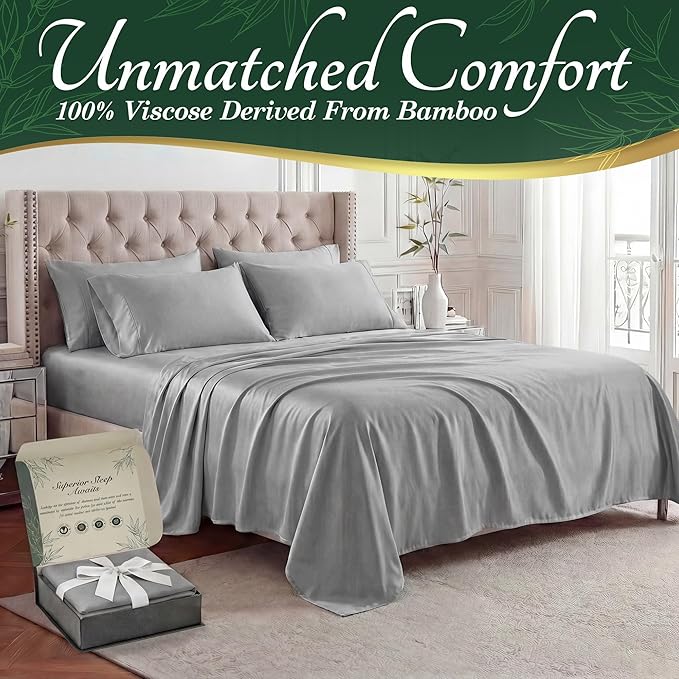 DECOLURE 100% Viscose Derived from Bamboo Sheets Full Size - Luxury 6 Pc Naturally Cooling Sheets, Ultra Soft Bed Set - Deep 17" Pockets, Durable Double Stitching, Oeko Tex Standard (Light Grey)