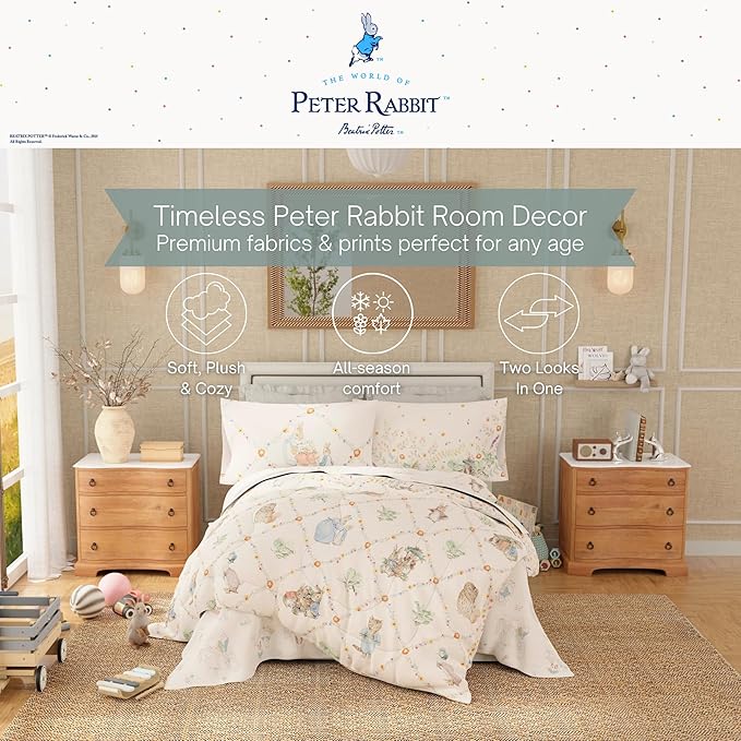 Peter Rabbit Book Bedding Set, Full Size 7-Piece Super Soft Fluffy Reversible Comforter & Sheet Set with Sham, Storybook Friends Easter & Spring, (100% Officially Licensed Product) by Franco Heritage