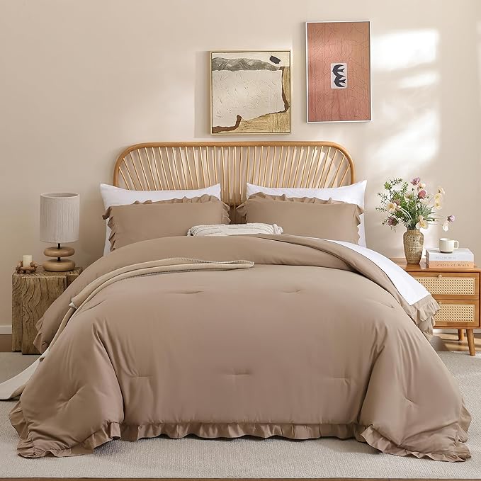 JANZAA Twin Ruffled Comforter Set 3PCS (1 Taupe Comforter Set and 2 Pillowcases) Vintage Farmhouse Shabby Chic Bedding Soft Fluffy All Season