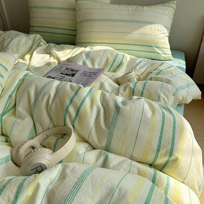 EAVD Vintage Striped Comforter Set Twin XL Soft Cotton 3-Piece Boho Bedding Set with 2 Pillowcases Retro Yellow-Green Vertical Stripes Geometric Comforter Set for All-Season