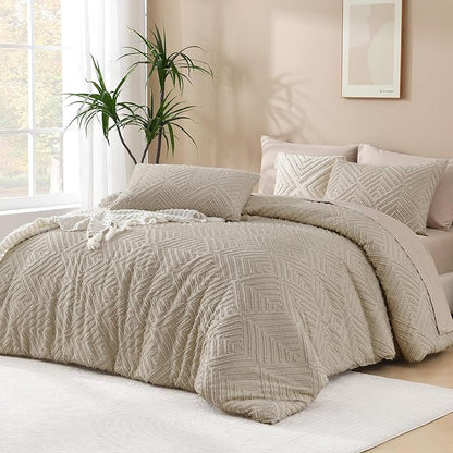 Andency Oatmeal King Size Comforter Set, 3 Pieces Boho Bedding Set & Collections, Farmhouse Tufted Fluffy Bedding Comforter Sets for All Seasons (1 Comforter 104x90In, 2 Pillowcases)