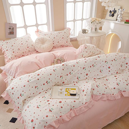 HighBuy Full Comforter Set Strawberry Print Comforter Cozy Soft Ruffled Bedding Set White Pink Cute Girl Bedding Comforter Set Full Bed Set Fluffy 1 Ruffle Comforters with 2 Pillowcases