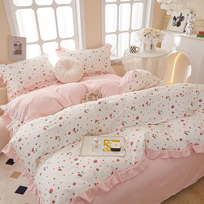 HighBuy Strawberry Comforter Set King Size Pink and White Ruffled Bedding Comforter with 2 Pillowcases Kawaii Reversible Striped Comforter Set Lightweight and Cozy for College Girl