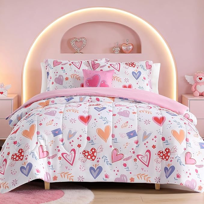 Twin Comforter Set for Girls-3 Pieces Heart Twin Bedding Set with 1 Comforter, 1 Decor Pillow, 1 Pillow Sham