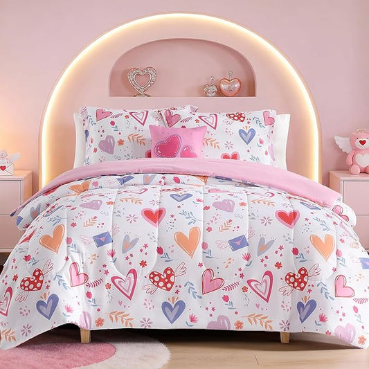Kids Comforter Set Full Size for Girls, Heart Bedding Set 1 Comforter, 1 Decor Pillow, 2 Pillow Shams