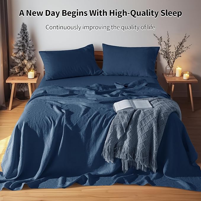 LBRO2M 100% Pure Linen Sheet Set Deep Pocket Up to 16" Bed Sheets Sets, Natural Flax Beddings Soft, Breathable, Comfortable for All Seasons 4 Pcs Sheet Set King Size, Navy Blue