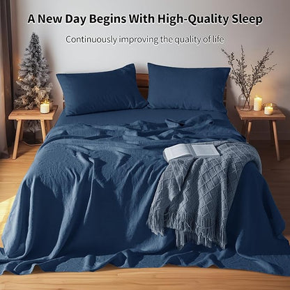 LBRO2M 100% Pure Linen Sheet Set Deep Pocket Up to 16" Bed Sheets Sets, Natural Flax Beddings Soft, Breathable, Comfortable for All Seasons 4 Pcs Sheet Set King Size, Navy Blue
