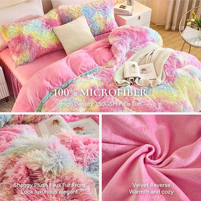 Andency Faux Fur Tie-Dyed Rainbow Comforter Set Full Size, 3 Pieces Fluffy Fuzzy Plush Bedding Comforter Set (1 Shaggy Velvet Comforter & 2 Pillowcases), Soft Puffy Down Comforter Bedding Set