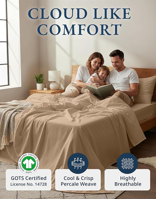 LANE LINEN 100% Organic Cotton Sheets Set, Long- Staple Percale Weave Ultra Soft Best- Bedding Sheets for Bed, GOTS Certified, Fits Mattress Upto 15inch Deep Pocket (King, Taupe)
