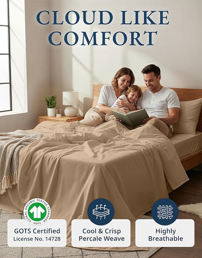 LANE LINEN 100% Organic Cotton California King Sheets Set, 4-Piece Organic Cotton Percale Weave Ultra Soft & Comfy Machine Washable Mercerized Bed Sheets, Fits Mattress Upto 15" Deep - Taupe
