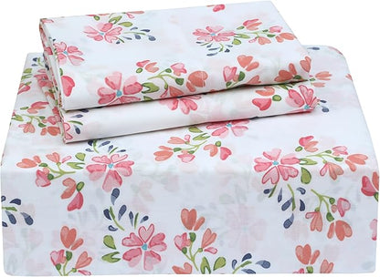 RUVANTI 100% Cotton Sheets – Queen Size Percale Bedding, Cooling & Breathable Floral Design, Durable with a Crisp, Soft & Comfortable Feel, 16" Deep Pocket, 4-Piece Set, Bloomex