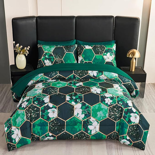 ANGIYUIN Green Marble California King Size Comforter Sets White Flowers Bedding Sets 7Pcs Gold Honeycomb Bed in A Bag for Women Men Luxury Farmhouse Bed Comforter Sets for All Season