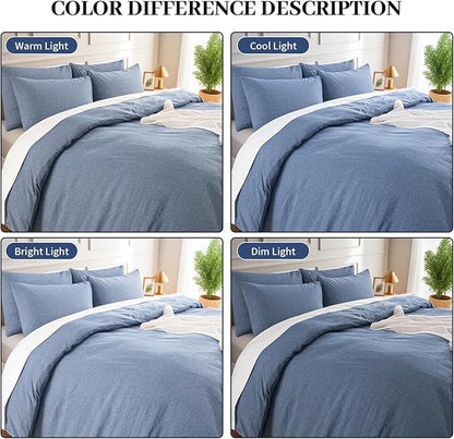 NEXHOME PRO Duvet Cover Full 100% Washed Cotton, Organic Natural Linen Like Textured, Breathable, Durable, Home Bedding Set, Heathered Blue 8090