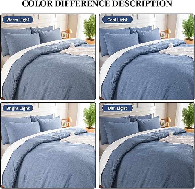 NEXHOME PRO Duvet Cover Queen 100% Washed Cotton, Organic Natural Linen Like Textured, Breathable, Durable, Home Bedding Set, Heathered Blue 9090