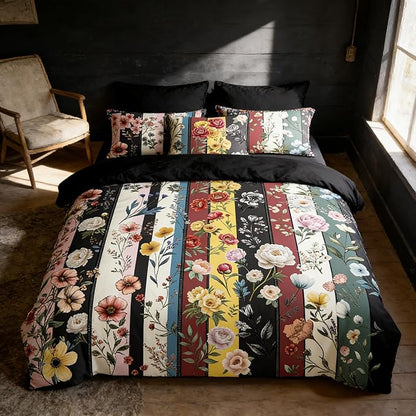 Black Vintage Floral Comforter Set Queen Size, Farmhouse Botanical Flowers Bedding Set for Adult Women Bedroom Decor, 3Pcs Lightweight Microfiber Comforter with 2 Pillowcases, 90"x90"