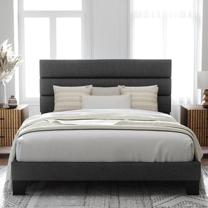 Allewie Full Size Platform Bed Frame with Fabric Upholstered Headboard Gray | Wooden Slats Support, Fully Upholstered Mattress Foundation, No Box Spring Needed, Easy Assembly, Noise-Free, Dark Grey