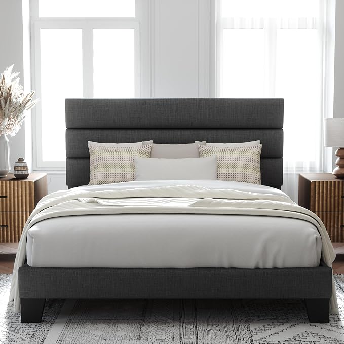 Allewie Queen Size Platform Bed Frame with Fabric Upholstered Headboard | Wooden Slats Support, Fully Upholstered Mattress Foundation, No Box Spring Needed, Easy Assembly, Noise-Free, Dark Grey