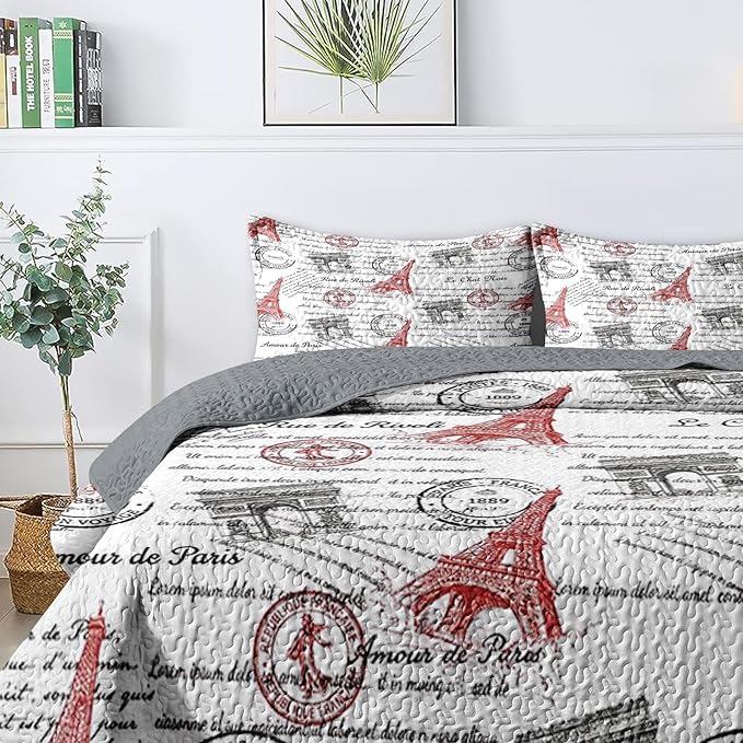 Quilt Set King Size, Paris Vintage Eiffel Tower 3 Pcs Soft Bed Cover Bedding Set for Kids and Adults, France Old Iron Lightweight Bedspread Coverlet with Pillow Sham for All Season