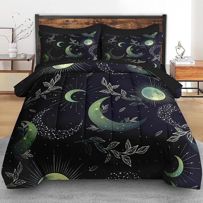 Comforter Set Full Size, Green Boho Space 7 Pcs Bedding for Kids and Adults, Herbs Witch Floral Bed Sheet Sets with Fitted Sheet 2 Pillowcases & 2 Shams for Bedroom Bed Decor