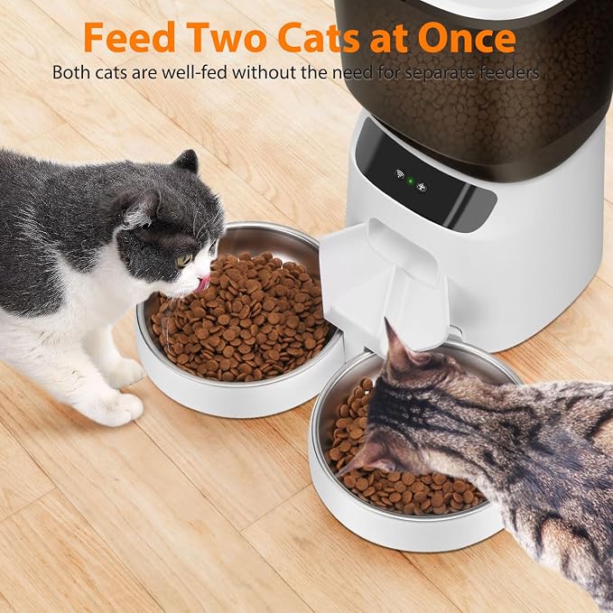 Automatic Cat Feeders WiFi for Two Cats, 5L/20 Cups Double Automatic Cat Food Dispenser with APP Control, 2 Stainless Bowls, Timer Setting 20 Portions 10 Meals Per Day