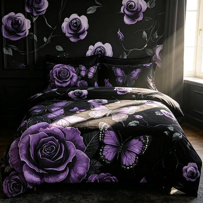 Vintage Floral Comforter Set Queen Size, Black Black Red Floral Bedding Set for Gothic Bedroom Decor, 3 Pieces Soft Microfiber Lightweight Comforter Set with 2 Pillowcases, 90"x90"