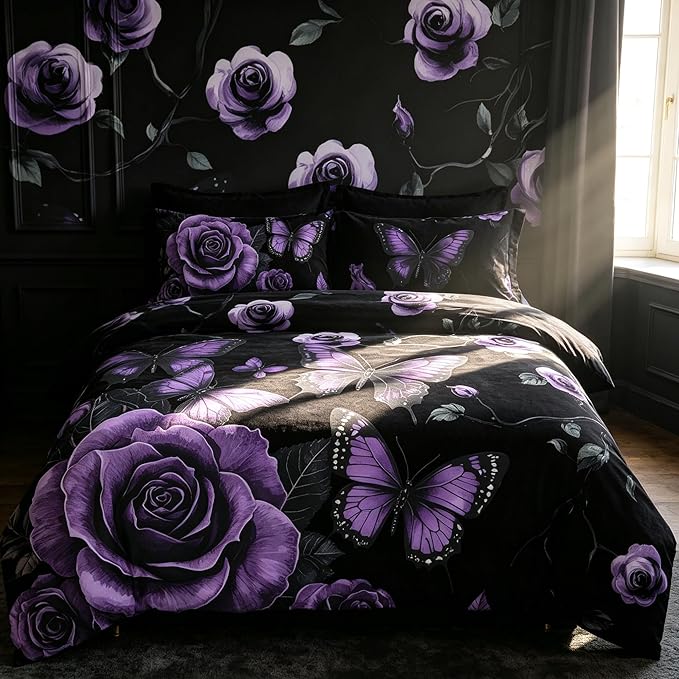 Black Vintage Comforter Set Twin Size, Black Red Floral Bedding Set for Gothic Bedroom Decor, 2 Pieces Soft Microfiber Lightweight Comforter Set with 1 Pillowcase, 68"x86"