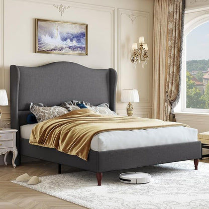 koorlian Full Size Upholstered Bed Frame with 51'' Tall Headboard, Grey | Reinforced Platform Bed, Easy Assembly, Soft Fabric, Sleigh Wingback, Solid Wood Retro Legs, Noise-Free, Classic & Simple