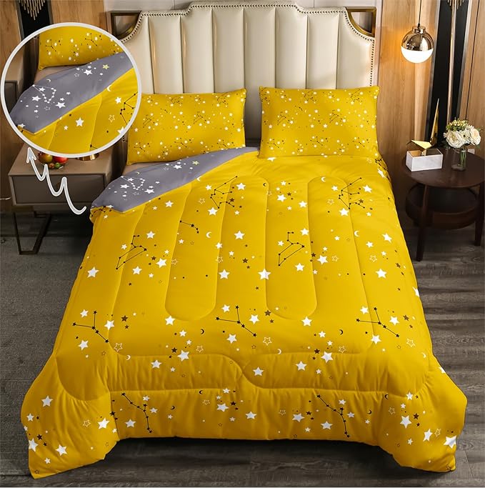 Erosebridal Yellow and Grey Constellation Comforter Set, Galaxy Moon Stars Pattern Reversible Bedding for Kids Toddler Youth Soft Microfiber Bedding Comforter Sets King 3 Pieces