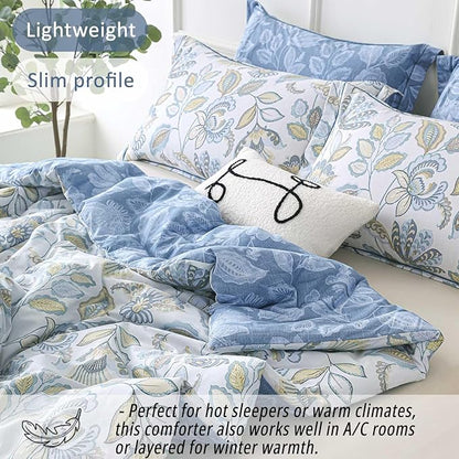 Vintage Botanical Cotton Comforter Queen Size 3PC - Lavish Floral on Bluish White with Frost Blue Back, Reversible Lightweight Comforter Set with Soft Fill(90"×90")