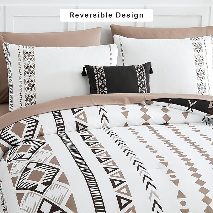 Geniospin Queen Comforter Set - 7 Pieces Reversible Bedding Set, Western Bed in A Bag, Lightweight Soft Aztec Bedding, All Season Bed Comforter Set with Sheets, Pillowcases & Shams