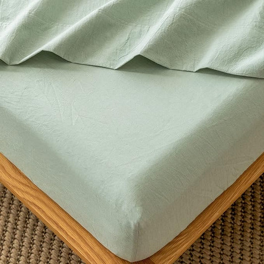 MooMee Fitted Bottom Sheet Only 100% Washed Cotton Linen Like Textured Breathable Durable Soft Comfy Deep Pocket Fits Mattress up to 17" (Sage Green, Twin)