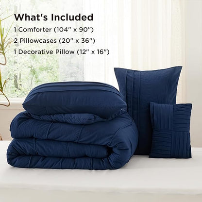 Bedsure King Comforter Set - 4 Pieces Pinch Pleat Bed Set, Navy Blue Boho Bedding for All Season, 1 Soft Comforter, 2 Pillowcases, 1 Decorative Pillow