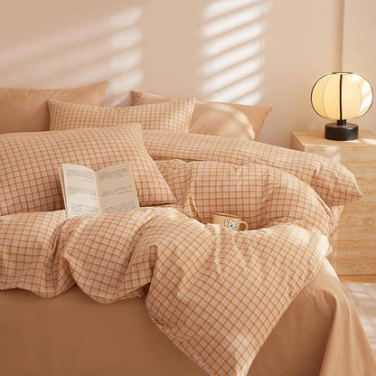 Plaid King Size Comforter Sets Washed Cotton Boho Bedding Set Down Alternative Cozy Fluffy Aesthetic Bedding Comforter Sets Soft All Season Farmhouse Comfy Bed Comforter with 2 Pillowcases