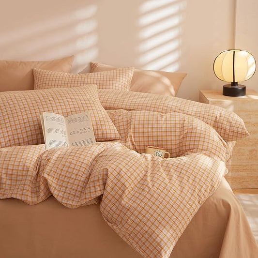 HighBuy Twin XL Comforter Set Orange Gingham Comforter with 2 Pillowcases Modern Plaid Grid Pattern Comforter Set for Men Boys Fluffy Soft Lightweight Bedding Boho Plaid Checkered Comforters