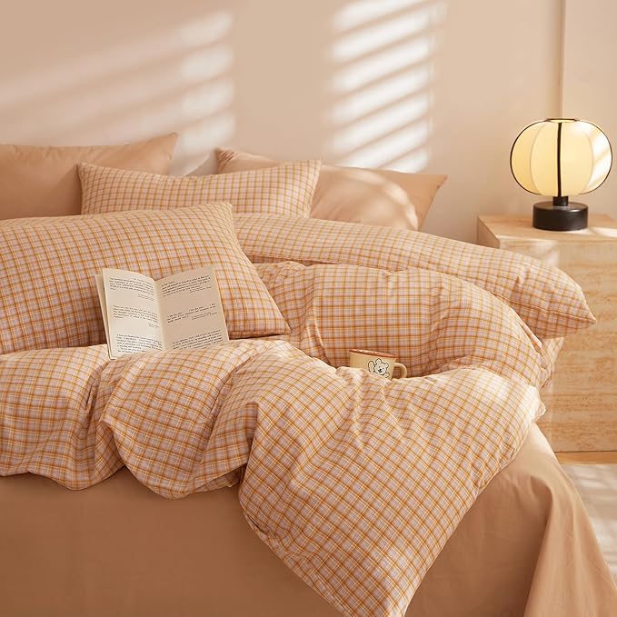 HighBuy Orange Gingham Comforter Set King for Men Boys Chic Modern Grid Plaid Comforter Set 3 Pieces Soft Fluffy Checkered Pattern Comforter with 2 Pillowcases Farmhouse Gingham Bedding Set