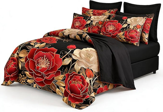 Vintage Floral Twin Size Bed in A Bag for Girls, 7Pcs Modern Black Red Comforter Set, Farmhouse Country Botanical Quilted Bedding with 2 Pillowcases, 68"x86"