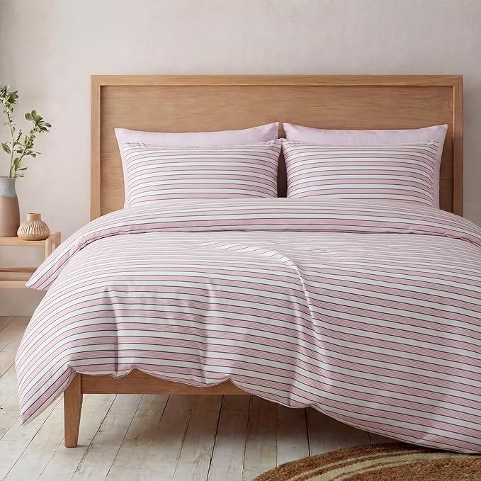 Bedbay Cotton Striped Duvet Cover Set King Size, Soft Blush Pink Stripe Bedding Set, 100% Cotton Sateen, Minimal Casual Hotel Style Duvet Cover 3 Piece for All Seasons