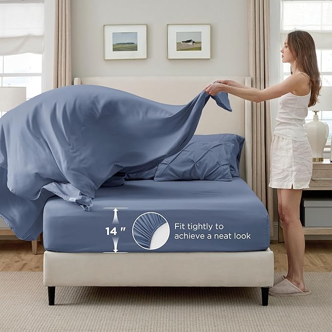 Bedsure Twin Comforter Set Slate Blue - Bed in a Bag Twin Size Bedding 5 Pieces, GentleSoft™ Pintuck Bed Set Gift for Family, Pinch Pleat Slate Blue Comforter with Sheets, Pillowcase & Sham
