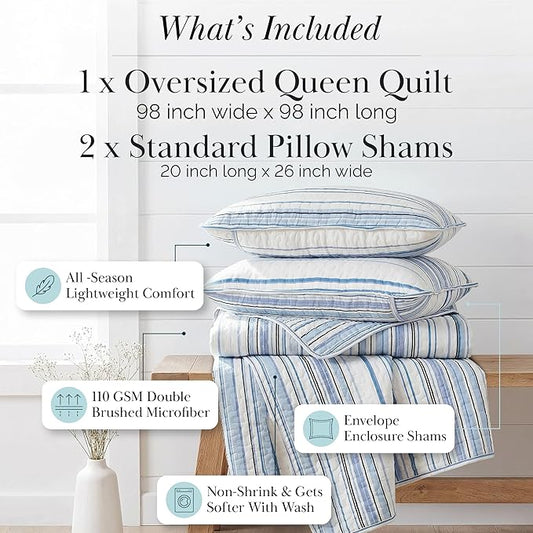 Southshore Fine Living, Inc. Oversized Queen Quilt Set, Striped Blue/White Quilt Bedspread Queen/Full, 3-Piece Coastal Bedding Set with Lightweight Coverlet and Matching Quilted Shams, Blue Stripes