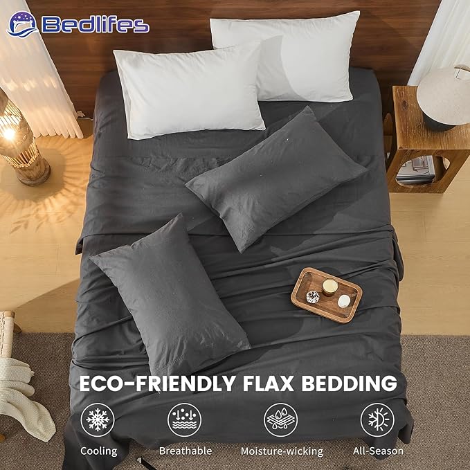 Bedlifes 100% French Pure Linen Sheets Queen Size Breathable and Cooling Flax Sheet Set Soft Durable and Moisture Wicking 16 Inch Deep Pocket-4 Piece(Queen,Dark Grey)
