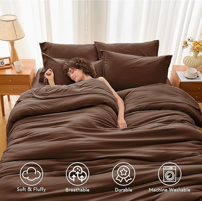 MUXHOMO 7 Pieces Queen Comforter Set, Soft Bed in a Bag Queen Size, All Season Bedding Set with Comforter, Flat Sheet, Fitted Sheet, Pillowcases & Shams, Brown