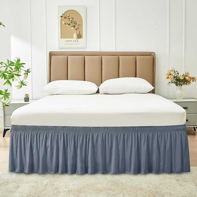 Biscaynebay Wrap Around Bed Skirts for Queen Size Beds 18" Drop, Dark Grey Adjustable Elastic Dust Ruffles Easy Fit Wrinkle Resistant Silky Luxurious Fabric Machine Washable