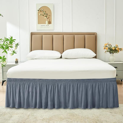 Biscaynebay Wrap Around Bed Skirts for Queen Beds Short Drop of 12", Dark Grey Adjustable Elastic Dust Ruffles Easy Fit Wrinkle Resistant Silky Luxurious Fabric Machine Washable